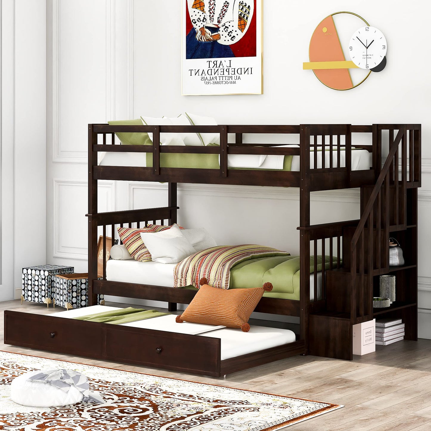 Twin Over Twin Bunk Bed with Trundle and Stairs, Solid Wood Bunk Beds Frame with Storage for Kids, Teens, Adults, Bedroom, Dorm. No Box Spring Needed (Espresso)