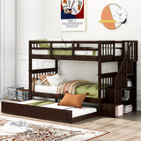 Twin Over Twin Bunk Bed with Trundle and Stairs, Solid Wood Bunk Beds Frame with Storage for Kids, Teens, Adults, Bedroom, Dorm. No Box Spring Needed (Espresso) Bellemave