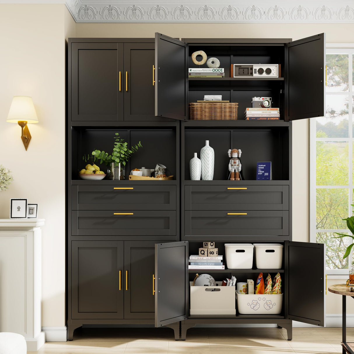 ZLBRDS 75” Tall Kitchen Pantry Storage Cabinet, Metal Storage Cabinet with 2 Drawers and Adjustable Shelves, Kitchen Pantry Cupboard, Freestanding Cupboard for Bathroom, Living Room(Black) ZLBRDS