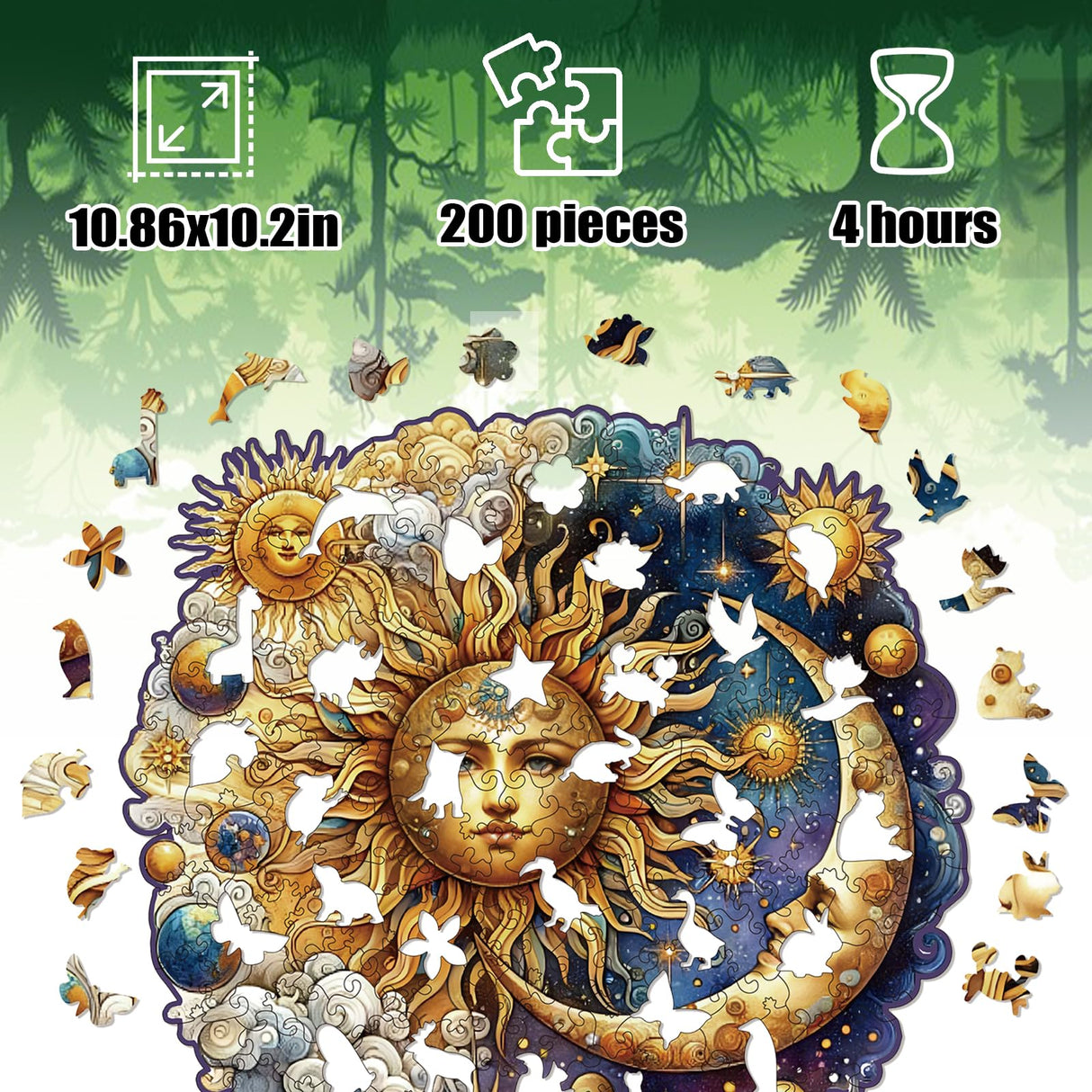 Wooden Puzzles for Adults, Sun and Moon Wood Puzzles 200 Pieces, Irregular Animal Shaped Unique Wooden Jigsaw Puzzles, Creative Ghristmas Gift for Teenagers and Adults WHJSG