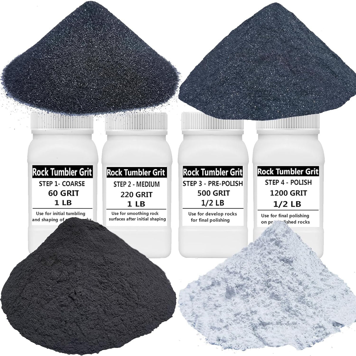 Total 6 LBS Weight Rock Tumbler Grit Set, 4 Step Tumbling Media Refill-Coarse/Medium/Pre-Polished/Final Polish, Silicone Carbide Polisher Grit for Any Rock Tumbler, Rock Polisher, Stone Polisher Tonmp