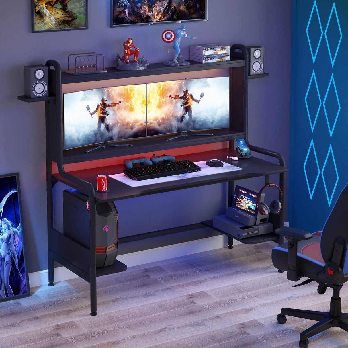 TIYASE Gaming Desk with Monitor Stand, Computer Desk with Hutch and Storage Shelves, Large PC Gamer Desk, Workstation Table with Cup Holder, Headphone Hook, Speak Stands, Black, 55 Inch TIYASE