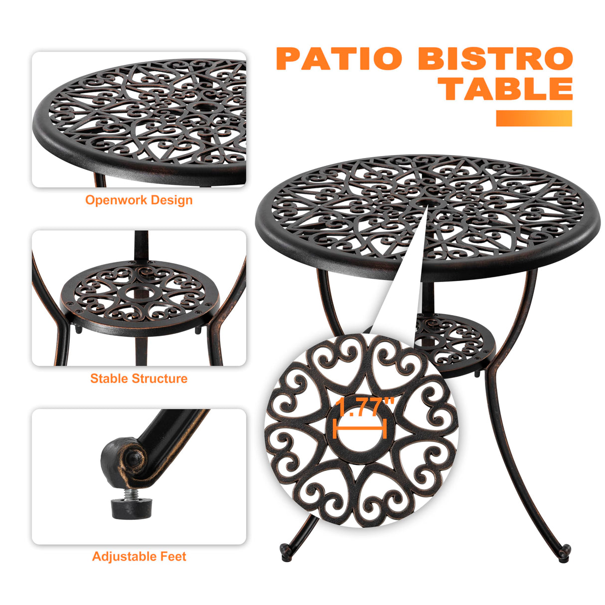 NUU GARDEN Bistro Set 3 Piece Outdoor All Weather Cast Aluminum Patio Bistro Set Patio Table and Chairs Set of 2 with Umbrella Hole and Grey Cushions for Backyard, Balcony, Lawn, Black NUU GARDEN