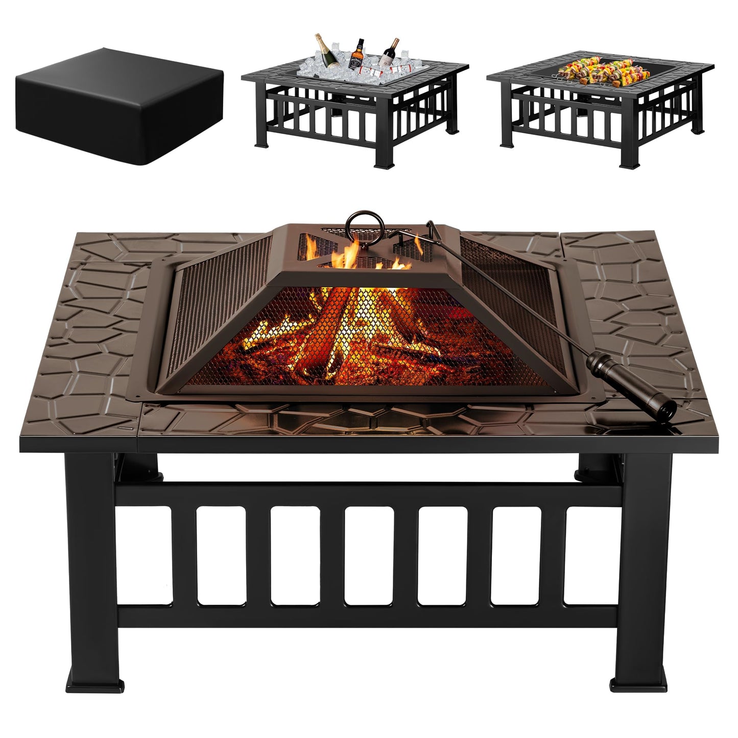 Devoko 32 inch Metal Outdoor Fire Pit Table Multiuse Square Patio BBQ Firepit with Spark Screen Lid and Waterproof Cover for Camping, Outside Wood Burning and Picnic Black - WoodArtSupply