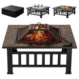Devoko 32 inch Metal Outdoor Fire Pit Table Multiuse Square Patio BBQ Firepit with Spark Screen Lid and Waterproof Cover for Camping, Outside Wood Burning and Picnic Black Devoko