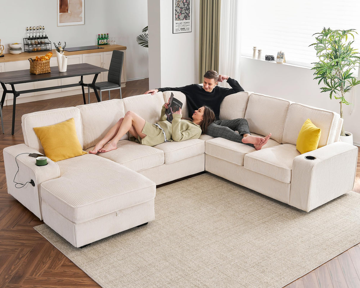 PaPaJet U Shaped Couch, 112 Inch Oversized Couch with Storage Chaise, Sectional Sofa with Cup Holders & 2 USB Ports, Corduroy Beige Sofa PaPaJet