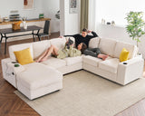 PaPaJet U Shaped Couch, 112 Inch Oversized Couch with Storage Chaise, Sectional Sofa with Cup Holders & 2 USB Ports, Corduroy Beige Sofa PaPaJet