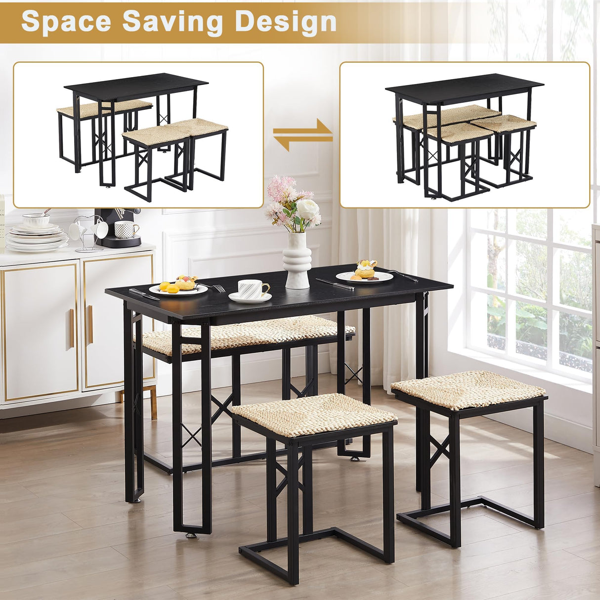 VECELO 43.3" Kitchen & Dining Table Set for 4, Rustic Farmhouse Style with 2 Benches and Wicker Cushions, Compact Metal Frame with Adjustable Foot Pads, Black VECELO