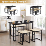 VECELO 43.3" Kitchen & Dining Table Set for 4, Rustic Farmhouse Style with 2 Benches and Wicker Cushions, Compact Metal Frame with Adjustable Foot Pads, Black VECELO