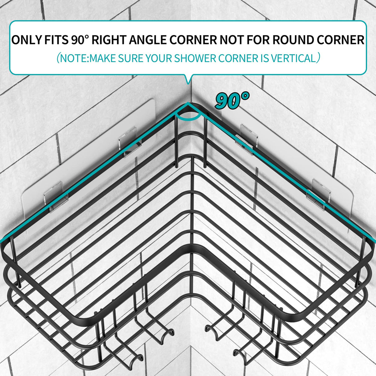 Yazoni Corner Shower Caddy, Adhesive Shower Shelves No Drilling [2-Pack], Rustproof Stainless Steel Bathroom Shower Organizer Wall Mounted with 8 Hooks (Black) Yazoni