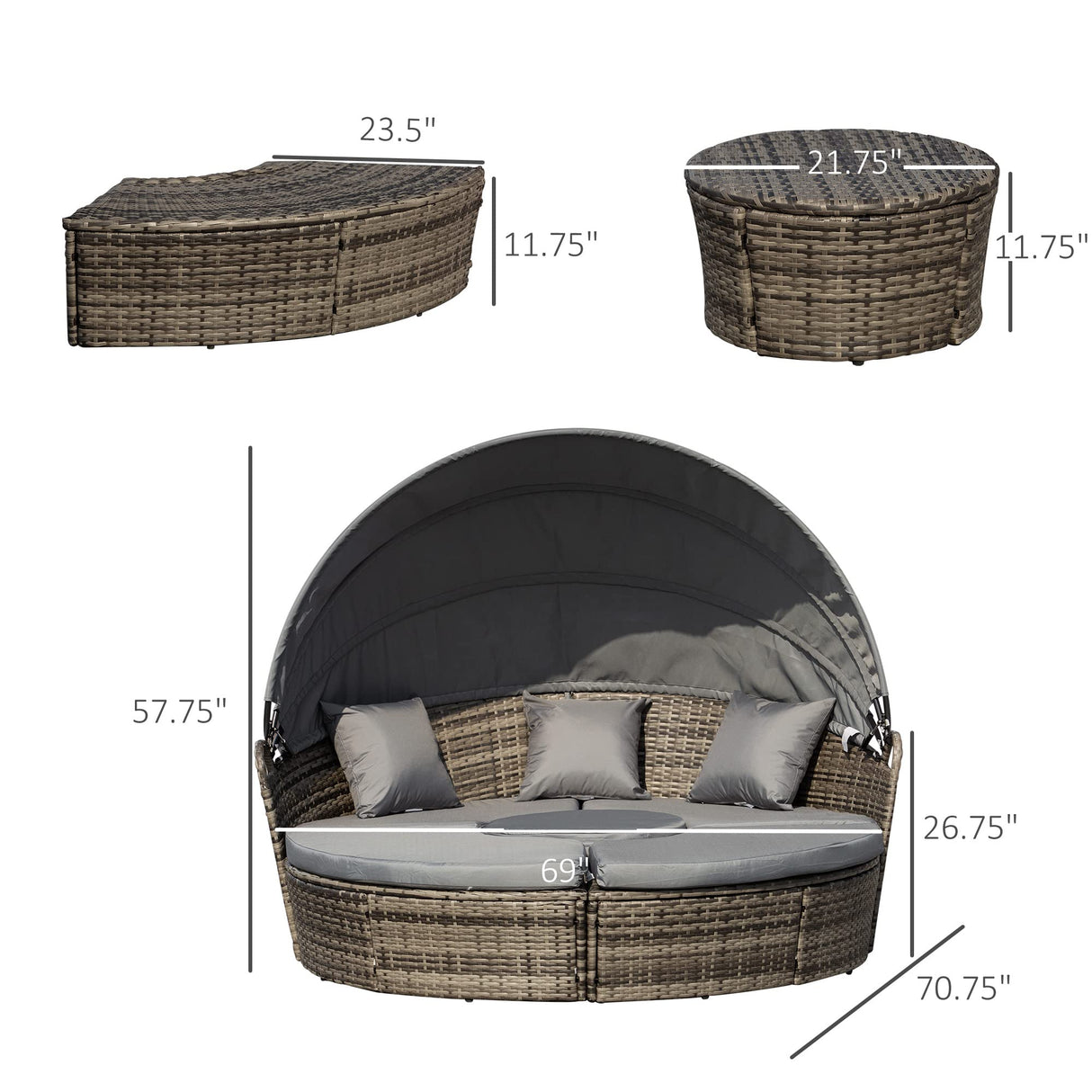 Outsunny 4-Piece Round Convertible Daybed with Cushions, Outdoor PE Rattan Patio Wicker Sofa Set, Sunbed with Adjustable Sun Canopy, Sectional Sofa, 2 Chairs, Table, 3 Pillows, Gray Outsunny