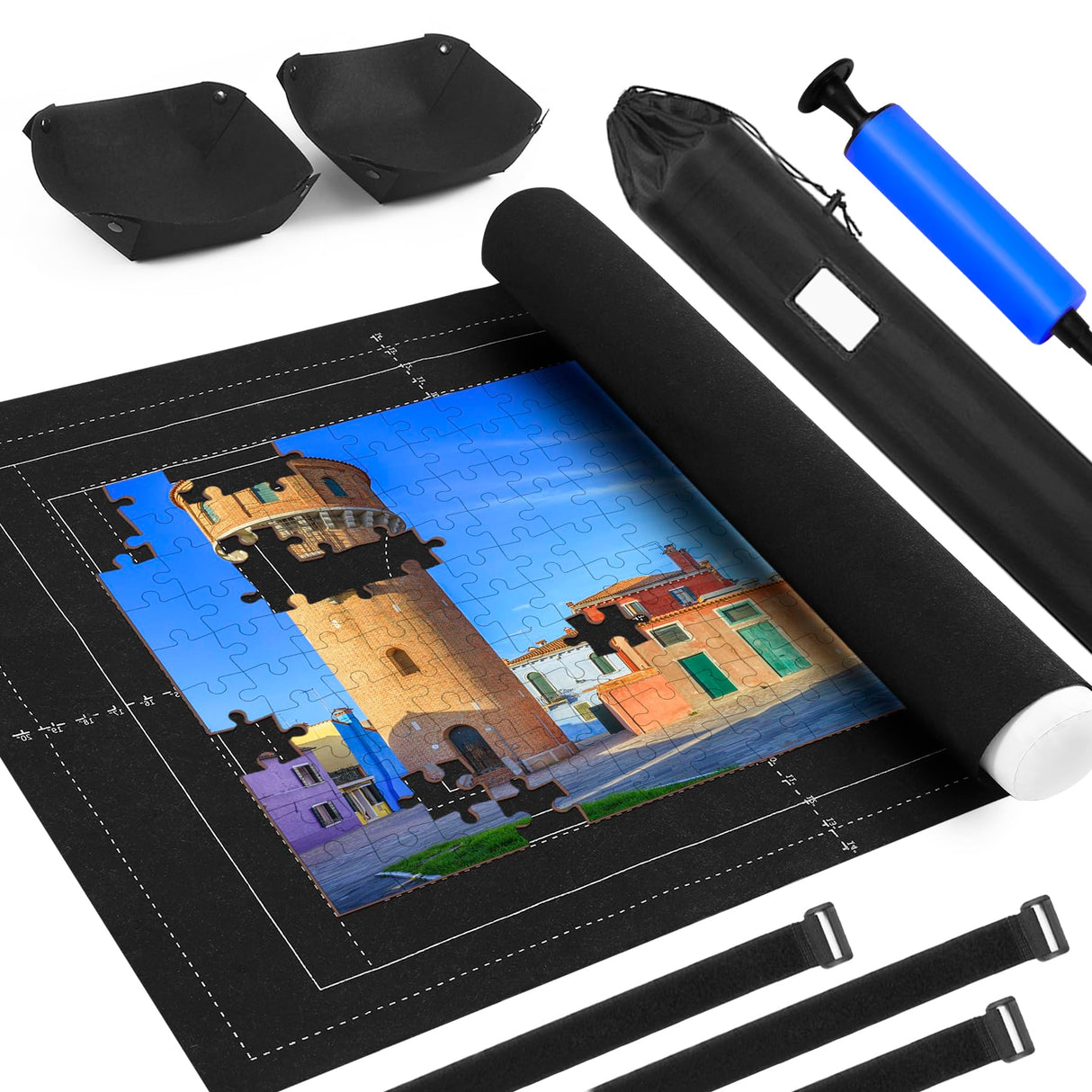 Jigsaw Puzzle Mat Roll Up Fits 2000 1500 1000 Pieces Puzzles, Large Pad Portable Table Non-Slip Board Saver Mats with 2 Sorting Trays, Inflatable Tube, 3 Straps, Keeper Storage Bag, Adults Kids Gifts Genovega
