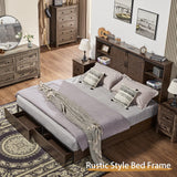 VanAcc Queen Size Wooden Platform Bed Frame with Bookcase Headboard, Storage Drawers, and Charging Station VanAcc