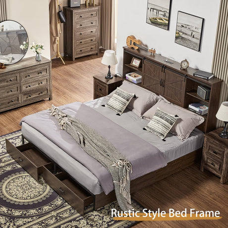 VanAcc Queen Size Wooden Platform Bed Frame with Bookcase Headboard, Storage Drawers, and Charging Station VanAcc