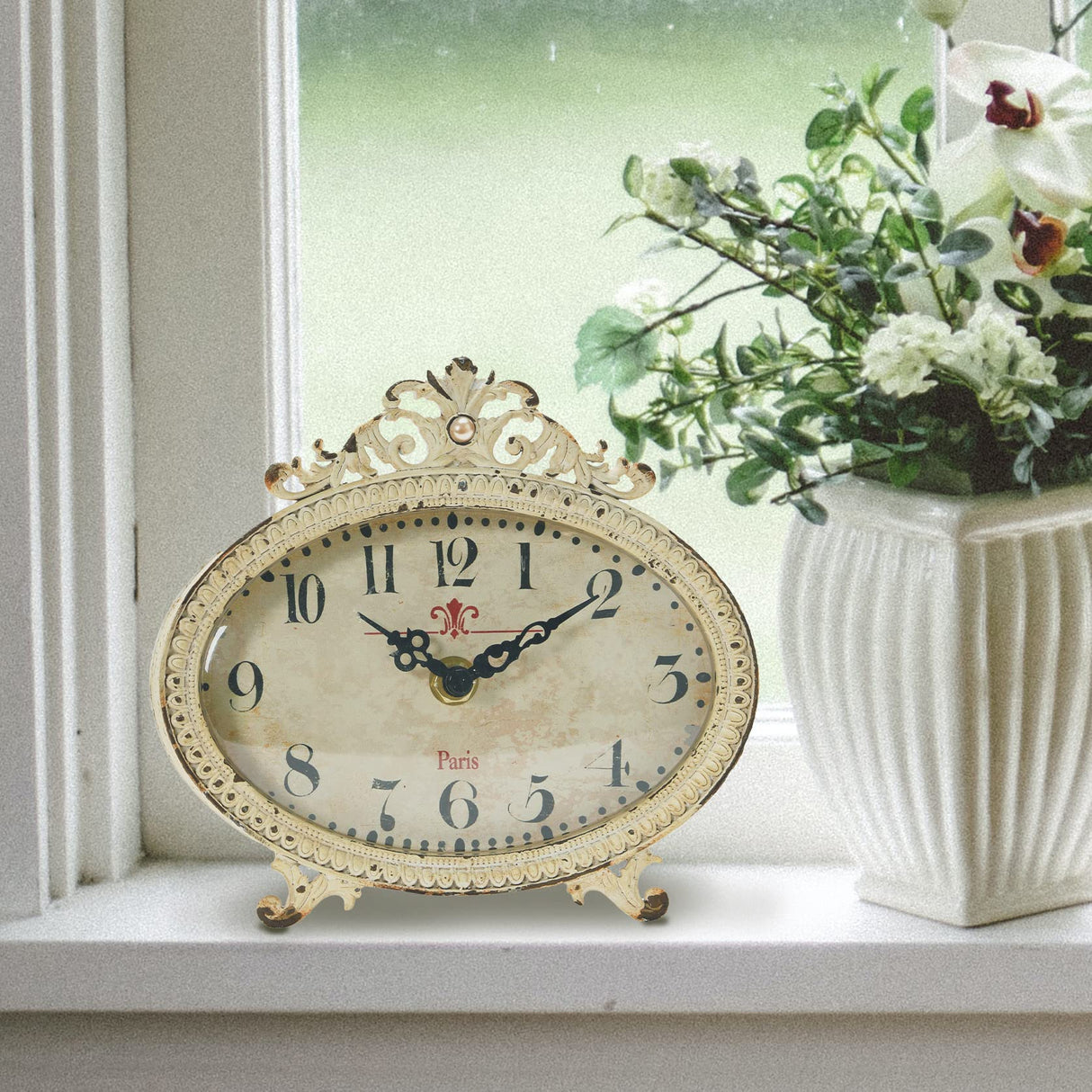 Creative Co-Op Distressed Pewter Mantel Clock, Cream Creative Co-Op
