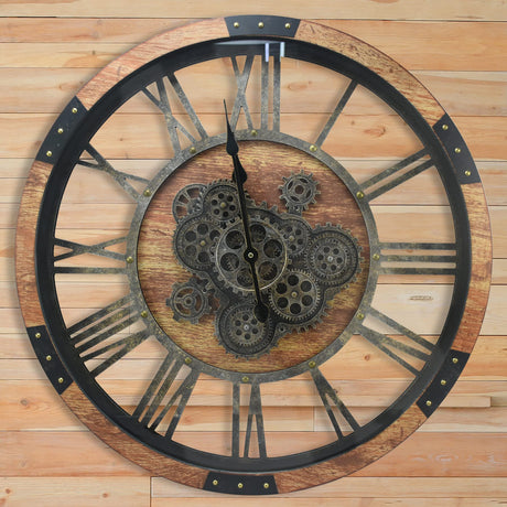 27 inch Large Real Moving Gears Wall Clock with Toughened Glass Cover, Oversized Vintage Solid Wood Farmhouse Clock, Giant Decorative Rustic Wall DORBOKER