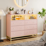 Jojoka Wide Dresser for Bedroom with Charging Station, 6 Drawer Dresser with LED Lights, Modern Large Capacity Storage Cabinet, Wood Dressers & Chests of Drawers Closet,Pink… Jojoka