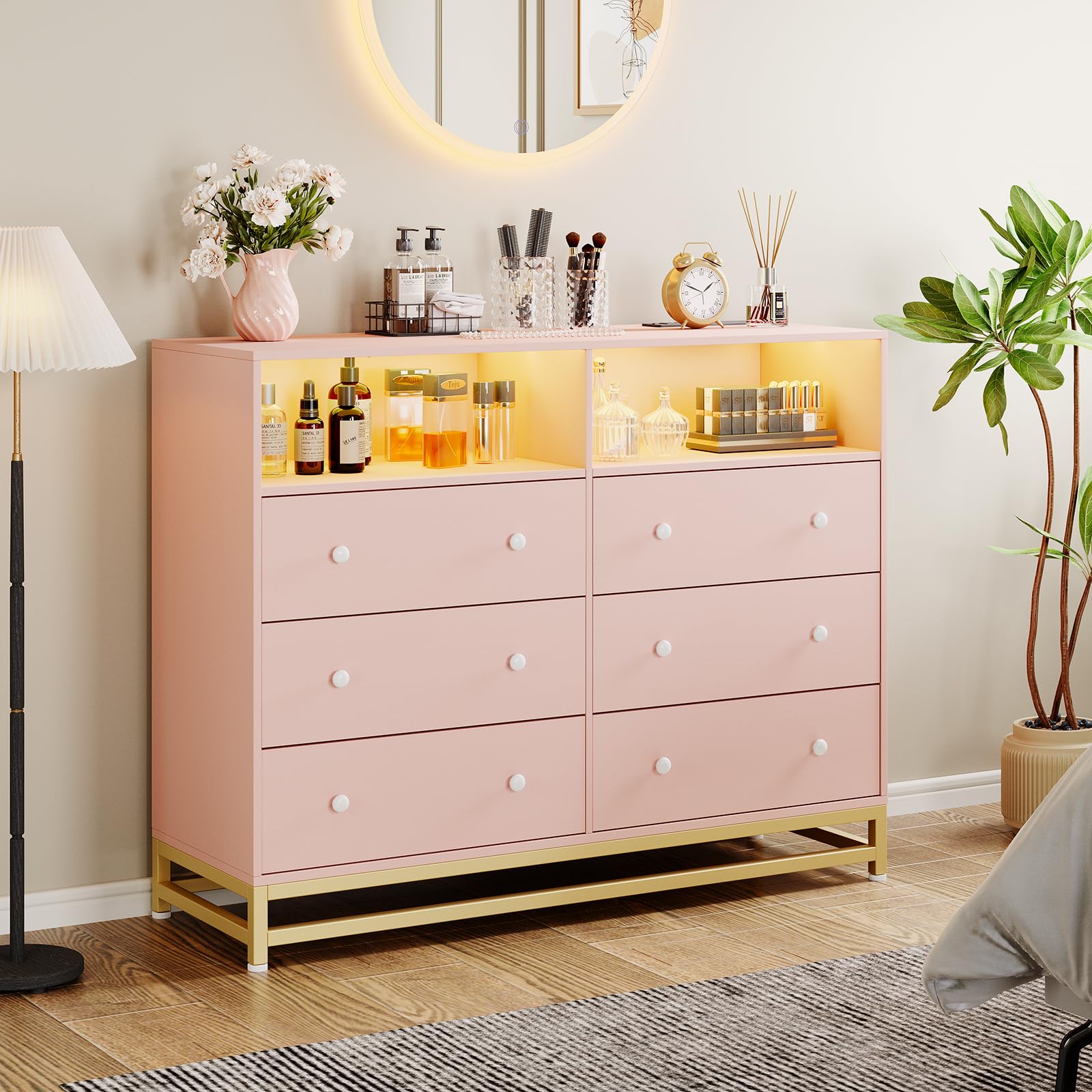 Jojoka Wide Dresser for Bedroom with Charging Station, 6 Drawer Dresser with LED Lights, Modern Large Capacity Storage Cabinet, Wood Dressers & Chests of Drawers Closet,Pink… - WoodArtSupply