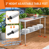 HOCCOT Stainless Steel Table for Prep & Work 14" X 60" inches with Adjustable Shelf and Backsplash, Commercial Workstations, Utility Table in Kitchen Garage Laundry Room Outdoor BBQ HOCCOT
