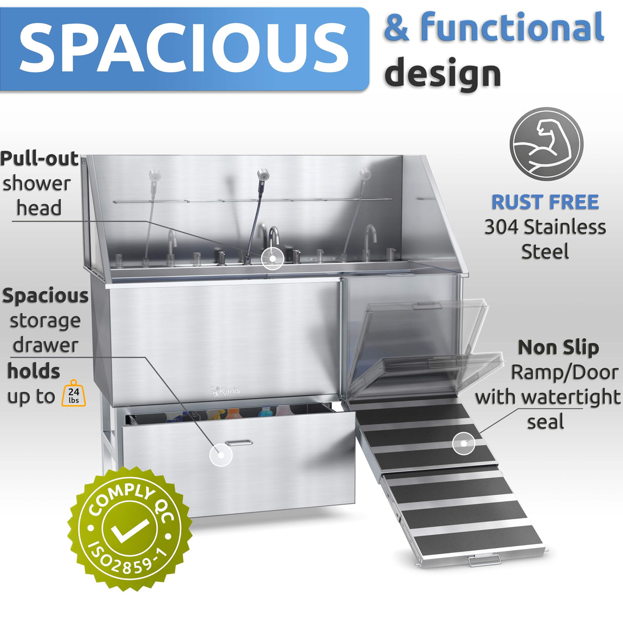 KANIS Professional Stainless Steel Dog Bathing Station - Dog Grooming Tub w/Ramp, Storage Drawer, Floor Grate & Faucet/Dog Bathtub for Large, Medium & Small Pets (61", Right RAMP - 1 Drawer) KANIS