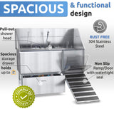 KANIS Professional Stainless Steel Dog Bathing Station - Dog Grooming Tub w/Ramp, Storage Drawer, Floor Grate & Faucet/Dog Bathtub for Large, Medium & Small Pets (61", Right RAMP - 1 Drawer) KANIS