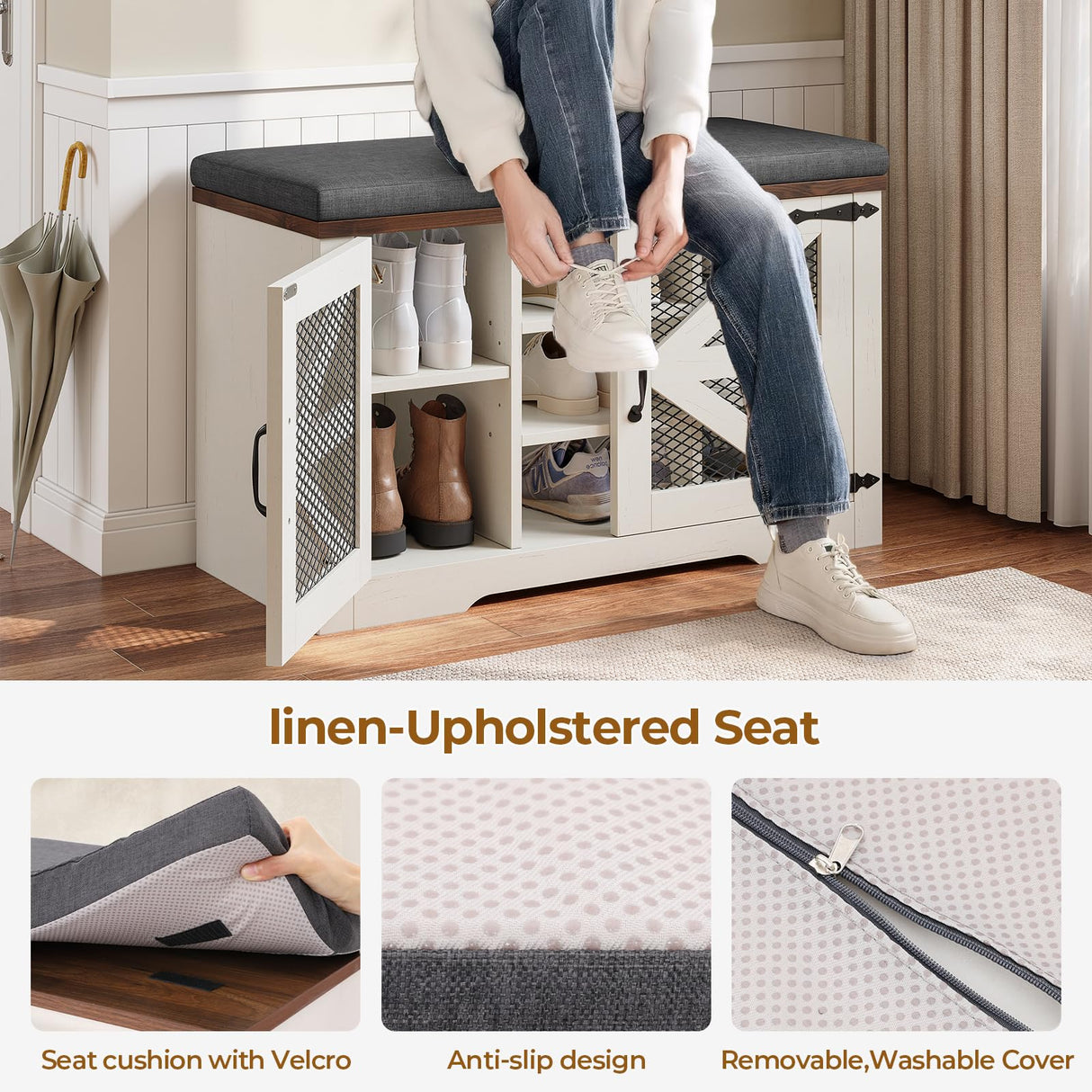 UPOSOJA Farmhouse Storage Bench with Cushion, Metal and Wood Shoe Rack Organizer, Adjustable Shelf, Shoe Cabinet with Half Hidden Storage Space, for Entryway, Bedroom, Living Room (Old White, 31.4in) UPOSOJA