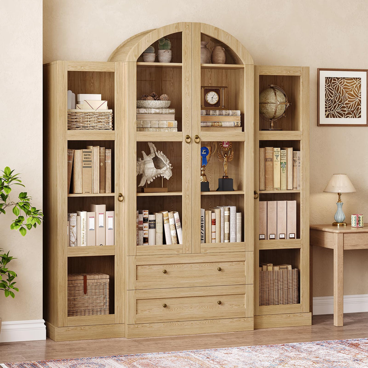 UKAOCAI 72.4" Tall Farmhouse Display Cabinet with Glass Doors,Large Wood Bookshelf with 2 Drawers & Adjustable Shelves,Arched Kitchen Pantry,for Living Room, Dining Room, Kitchen UKAOCAI