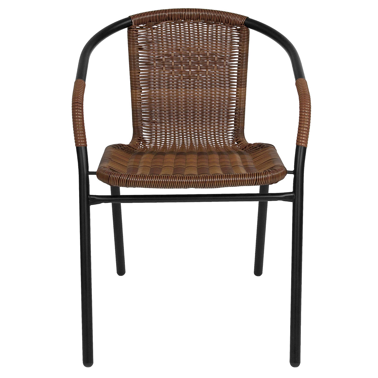 EMMA + OLIVER Set of 4 Modern Rattan Indoor/Outdoor Stack Chairs, Stacking Rattan Patio Chairs with Curved Back and Cross Bracing, Brown EMMA + OLIVER
