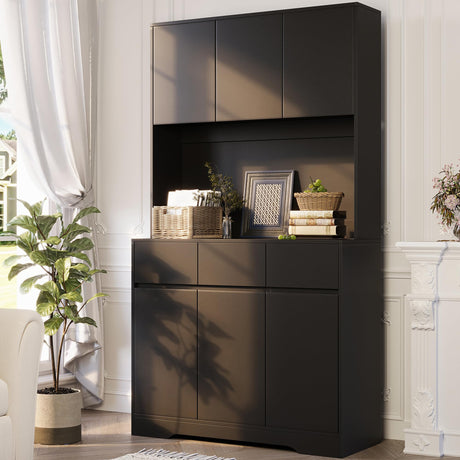 NBYSGO 71" Pantry Cabinet with Charging Station and LED Lights, Tall Kitchen Pantry Storage Cabinet with Microwave Stand, Modern Hutch with Storage Drawers for Dining Room, Living Room, Black NBYSGO