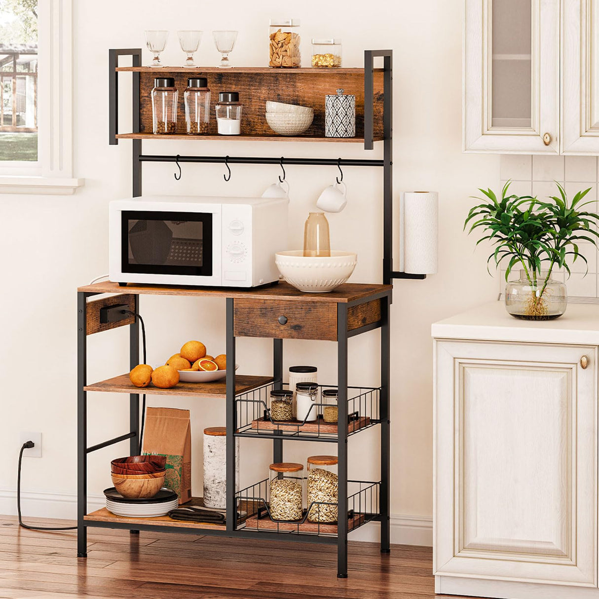 HOOBRO Rustic Brown and Black 5-Tier Bakers Rack with Power Outlets, Microwave Stand, and Storage Baskets HOOBRO