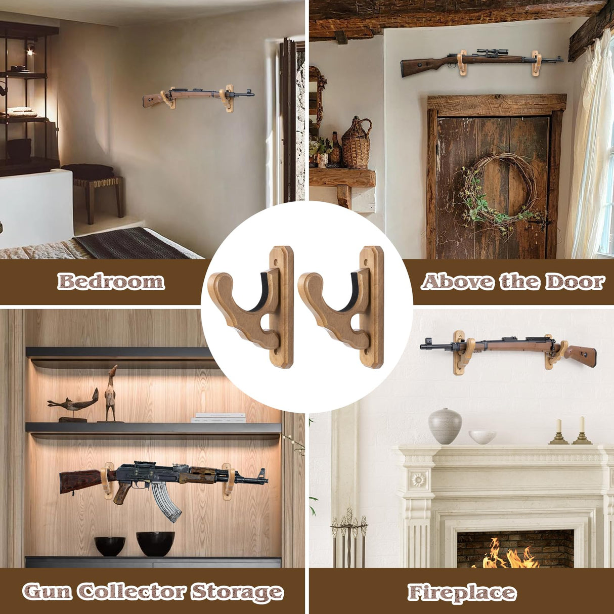 SCUNDA Wall Mount Gun Rack, Gun Rack for Wall, Wood Gun Rack for Shotguns, Rifles, Indoor Gun Wall Hanger for Home Office Storage Display, 2 Pack (Light Brown) SCUNDA