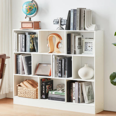 YAHARBO White 10 Cube Bookshelf,3 Tier Modern Horizontal Bookcase,Wooden Low Book Shelf Display Storage Cabinet with Base,Floor Standing Short Bookshelves Open Organizer for Bedroom,Living Room,Office