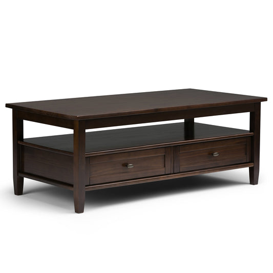 SIMPLIHOME Warm Shaker SOLID WOOD 48 inch Wide Rectangle Rustic Coffee Table in Tobacco Brown, for the Living Room and Family Room - WoodArtSupply