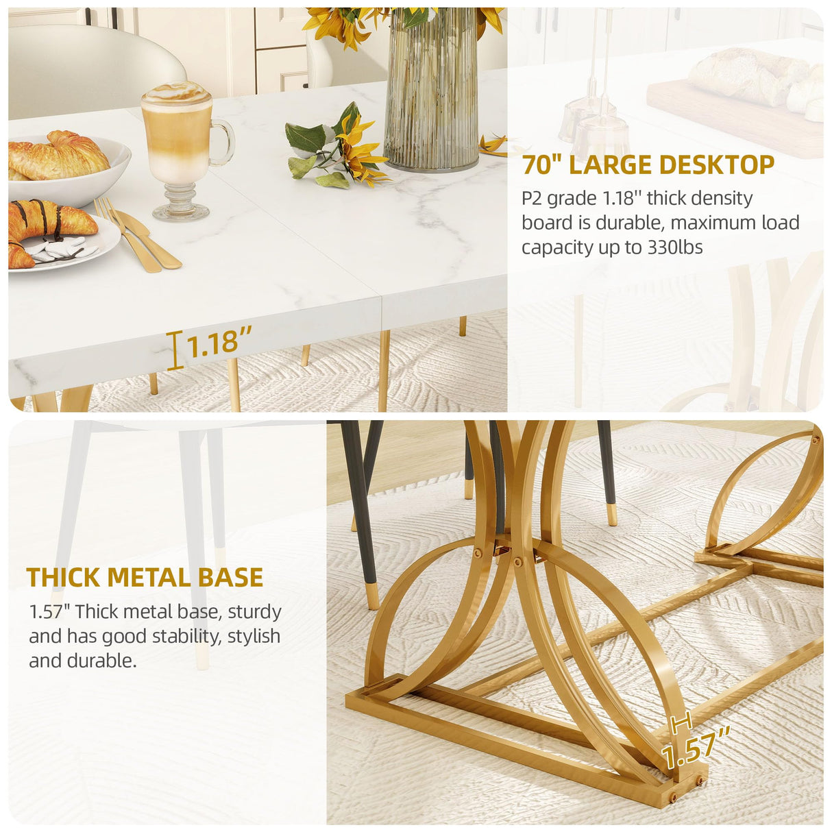 DWVO 70.3" Large Modern Dining Table for 6-8 People Rectangular White Kitchen Dining Room Table with Faux Marble Tabletop and Gold Geometric Metal Legs Farmhouse Wood Dinner Tables, White and Gold DWVO