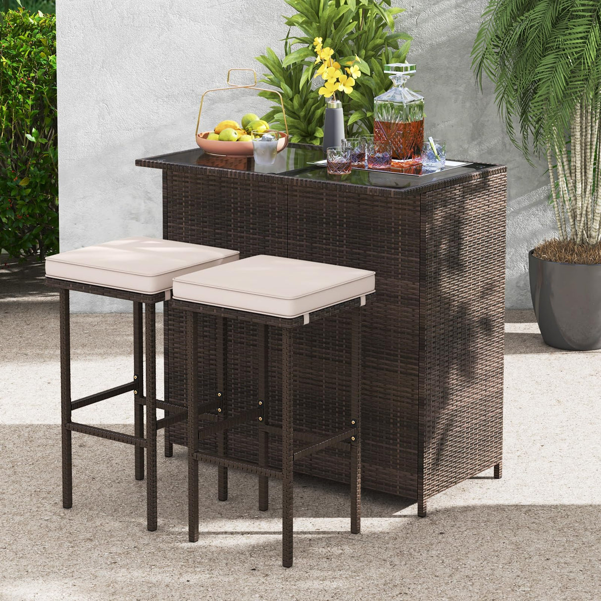 Tangkula 3 Piece Patio Bar Set, Outdoor Rattan Bar Table and 2 Stools with Tempered Glass Tabletop, 2-Tier Storage, Removable Cushions, Outside Wicker Conversation Set Tangkula