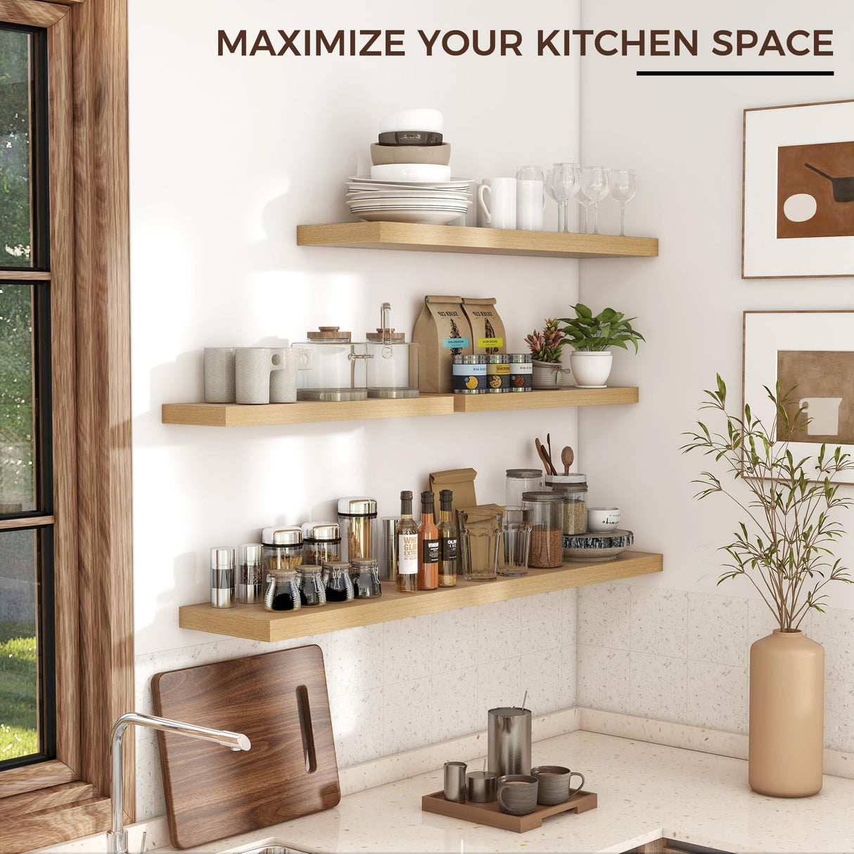 Floating Shelves for Wall, 24"W x 6.7"D x 1.4"H, 2 Pack of Long Wall Mounted Engineered Wood Shelves with Invisible Brackets for Living Room, Bedroom, Bathroom, Kitchen Decor and Storage, Oak Venusmiles