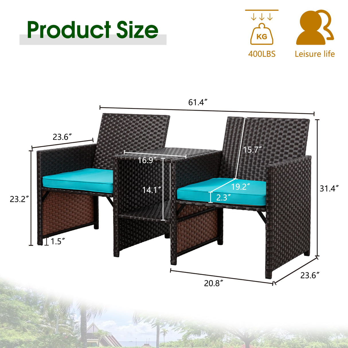 Shintenchi Wicker Patio Conversation Furniture Set with Detachable Chairs & Table and Two Removable Cushions,Rattan Wicker Lover Chair for Patio,Garden, Courtyard and Lawn Backyard (Blue) Shintenchi