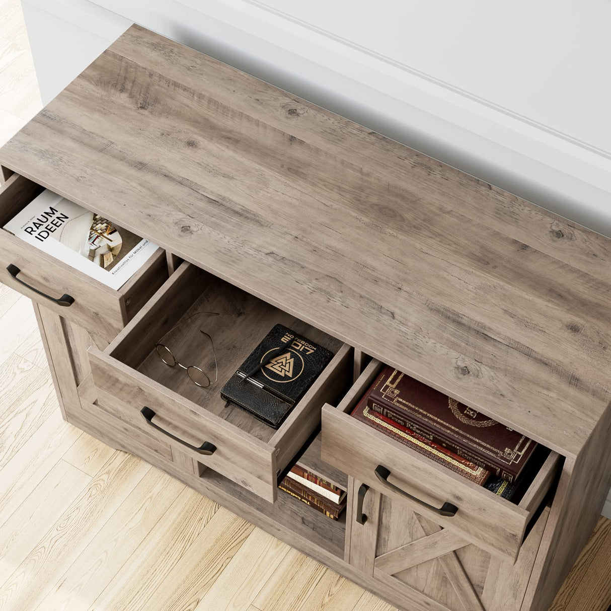 HOSTACK Modern Farmhouse Buffet Storage Cabinet, Barn Doors Wood Sideboard with Drawers and Shelves For Coffee Bar, Kitchen, Dining Room, Living Room, Ash Grey HOSTACK