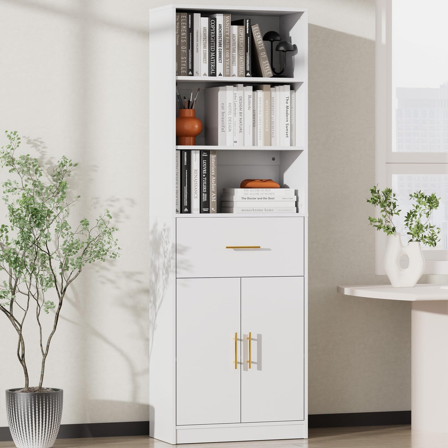 Cozy Castle 71-Inch White Bookcase with Drawer and 6-Tier Storage Cabinet - WoodArtSupply