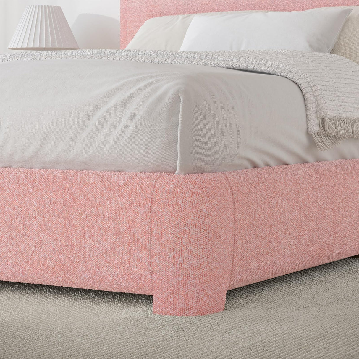 King Size Bed Frame, Upholstered Platform Bed King with Headboard, Boucle Soft and Cloud Bed Frame, Modern Style, No Box Spring Required, Easy Assembly, Pink BarnFurin