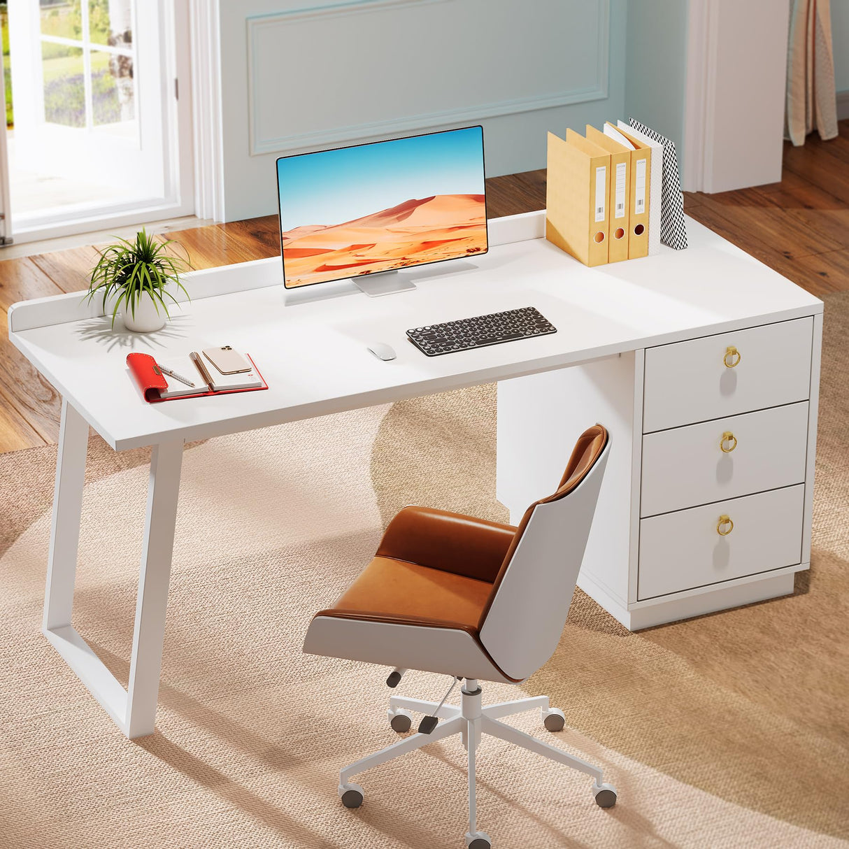 Tribesigns White Computer Desk with Drawers: 55 Inches Modern Home Office Desk with Storage, Small Wood Study Writing Work Table Workstation for Bedroom, White and Gold Tribesigns