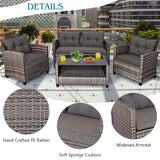 Tangkula 4 PCS Patio Wicker Conversation Furniture Set, Outdoor Rattan Sofa Set with Padded Cushion & Tempered Glass Coffee Table, Wicker Sectional Sofas & Table for Courtyard Balcony Garden (1, Grey) Tangkula