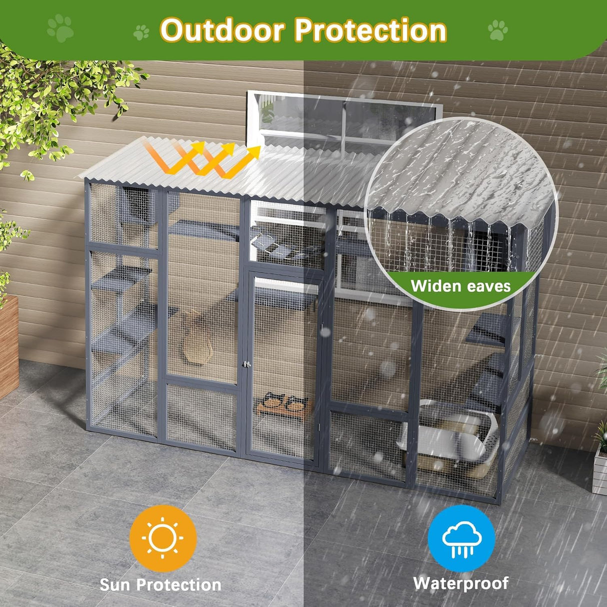 COZIWOW Catio Outdoor Cat Enclosure Window, 104" Wooden Large Catio Outside Cattery for Multiple Cats with Sloped Waterproof Cover, Grey COZIWOW