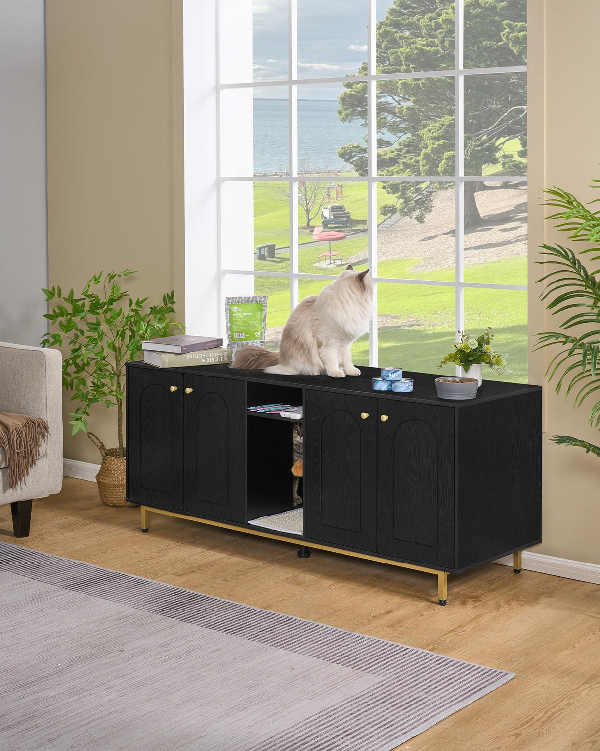 Hzuaneri Cat Litter Box Enclosure, Hidden Litter Box Furniture, Wooden Pet House Side End Table, Storage Cabinet Bench for Living Room, Bedroom, 55.2 x 20 x 23.9 inches, Black and Gold CB81504A Hzuaneri