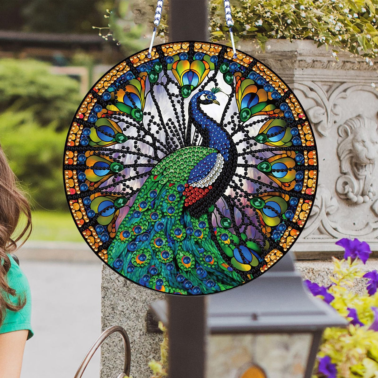 LYENYI 5D Peacock Diamond Painting Kits Hanging Pendants Wall Art Colored Imitation Glass Art Point Drill Crystal Diamond Arts Window Pendants Home Garden Wall Door Birthday Festival Gifts LYENYI