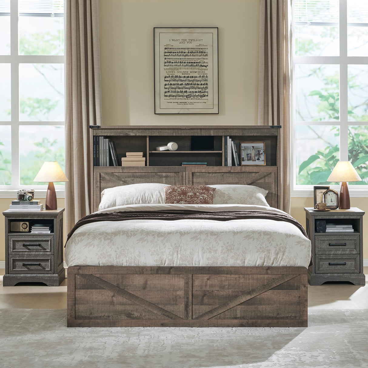 ACCOHOHO Farmhouse Queen Size Bed Frame with 52" High Storage Bookcase Headboard and 4 Drawers,Wooden Bed Frame with LED Light and Charging Station,Light Brown ACCOHOHO