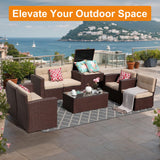 JOIVI 8 Pieces Patio Conversation Sets, All Weather Outdoor Sectional Patio Sofa, U-Shaped PE Wicker Patio Furniture Sets with Storage Box, Coffee Table, 3 Pillows, for Garden, Porch, Brown JOIVI