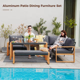 Grand patio Aluminum Patio Furniture Set, L Shaped Outdoor Sectional Sofa with Dining Table and Bench, Modern Outdoor Conversation Couch with Chaise, Faux Wood Grain Finish Grand patio