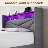 Driftalia LED Queen Bed Frame with 2 Storage Drawers, Upholstered Bed Frame Queen Size with Headboard and Charging Station, No Box Spring Needed, Easy to Assembly-Light Grey Driftalia