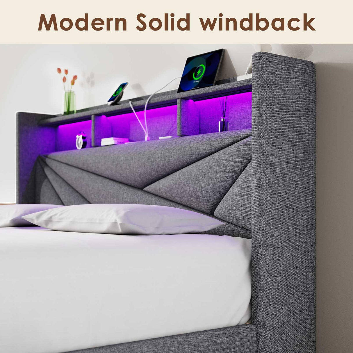 Driftalia LED Full Size Bed Frame with 2 Storage Drawers, Upholstered Full Bed Frame with Headboard and Charging Station, No Box Spring Needed, Easy to Assembly-Light Grey Driftalia